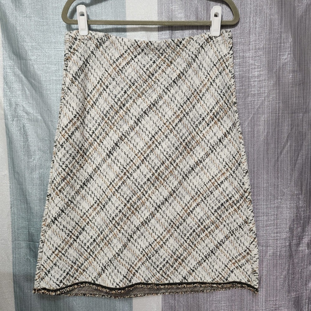 London Tweed Plaid Frayed Hem A-line Skirt Boucle Cream L Academia Office Chic